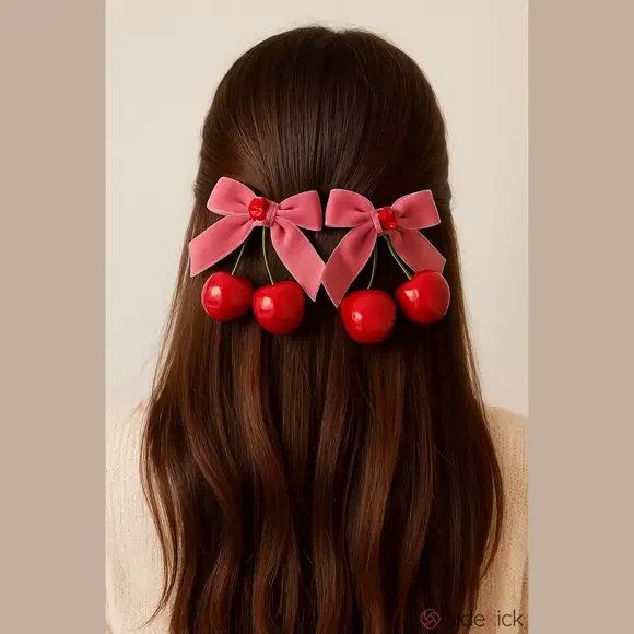 It Girl Pink Cherry Hair Clips with Velvet Ribbon Bow Set of 2 Barrettes New - Picture 5 of 9